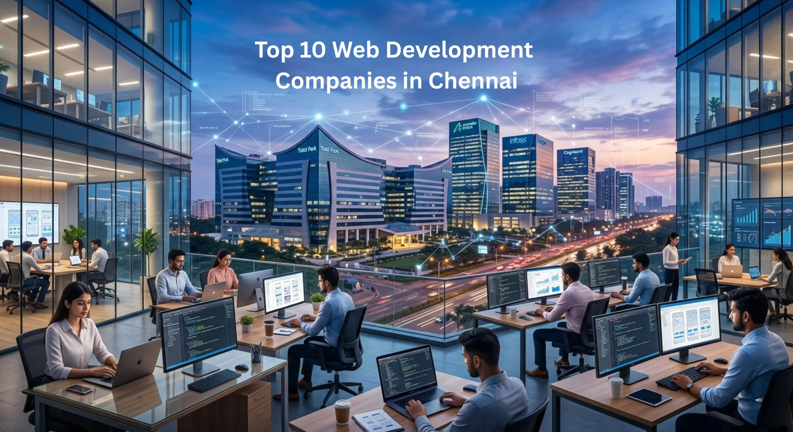 Top 10 Web Development Companies in Chennai showcasing IT hubs and developers working on modern web technologies