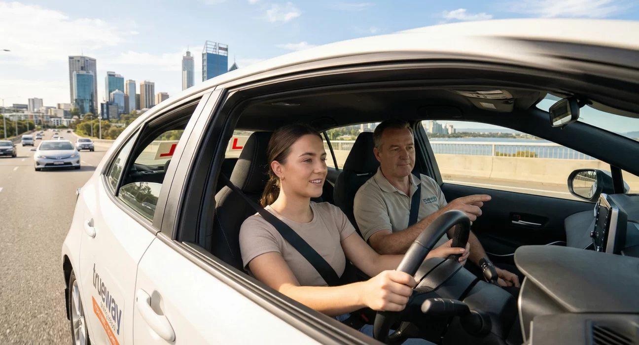 Beginner driver gaining confidence during driving lessons in Perth with professional instructor