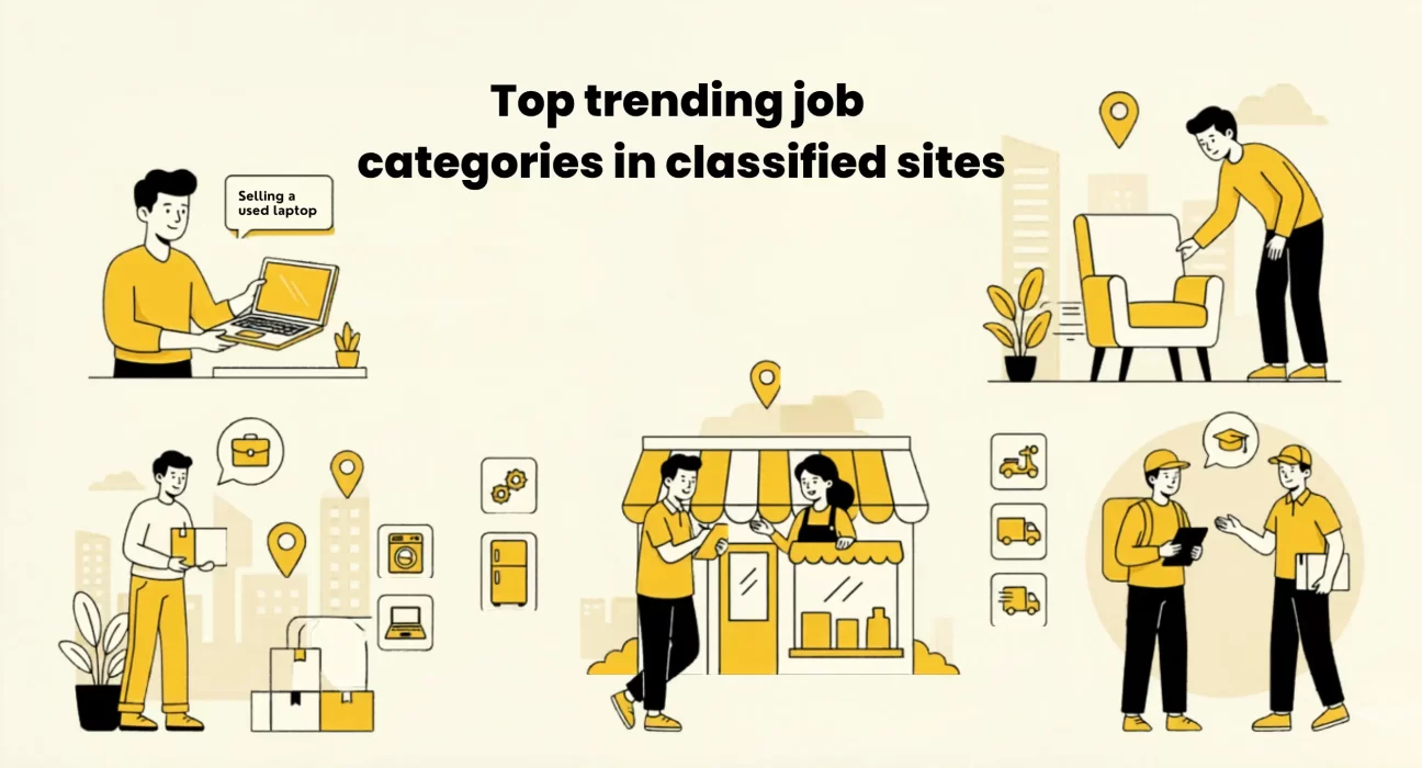 Top trending job categories in classified sites showing local hiring roles like part-time jobs, drivers, domestic help and retail staff