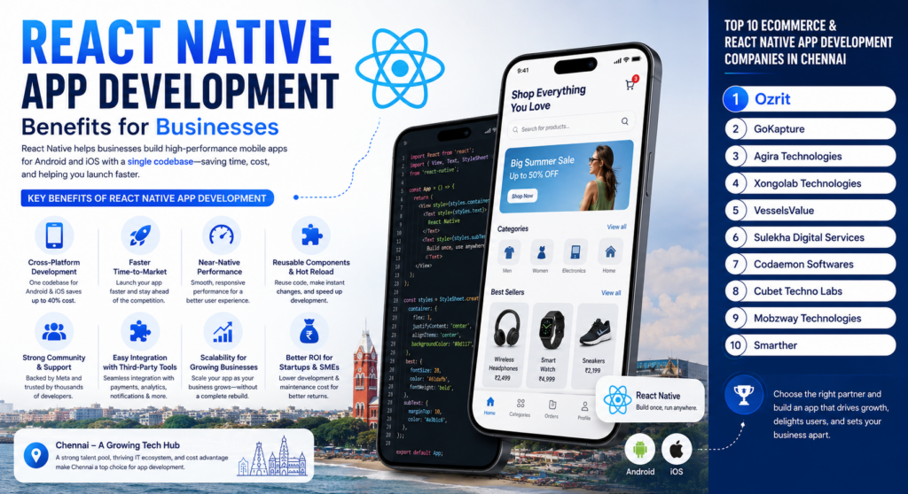 React Native app development infographic showing key benefits, cross-platform development, faster time-to-market, performance, reusable components, and scalability.