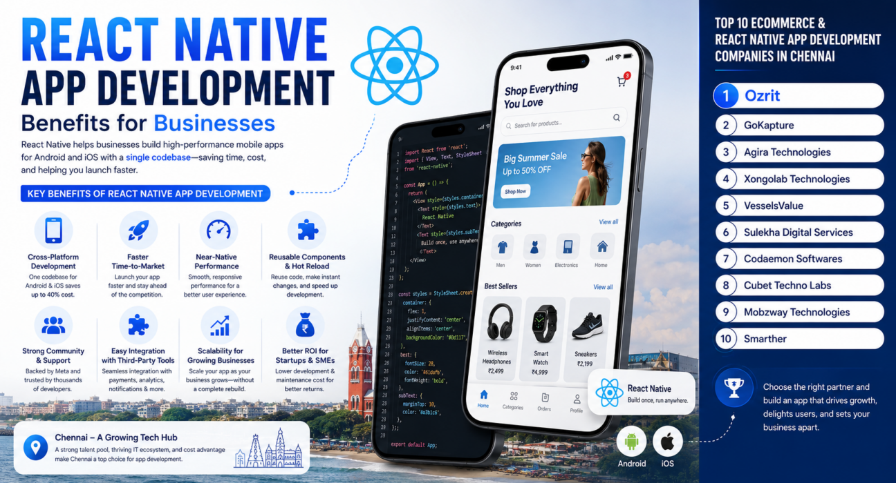 React Native app development infographic showing key benefits, cross-platform development, faster time-to-market, performance, reusable components, and scalability.