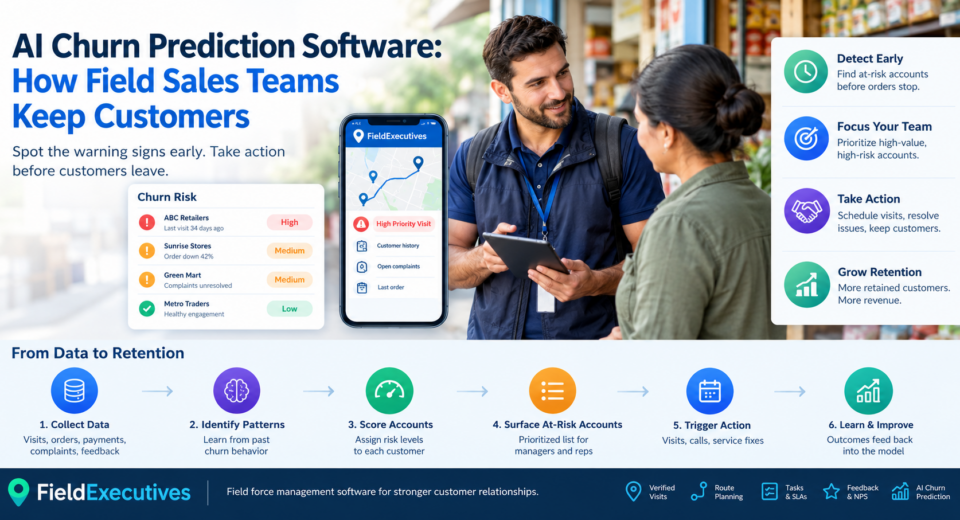 AI churn prediction software helping field sales teams identify at-risk customers and improve customer retention