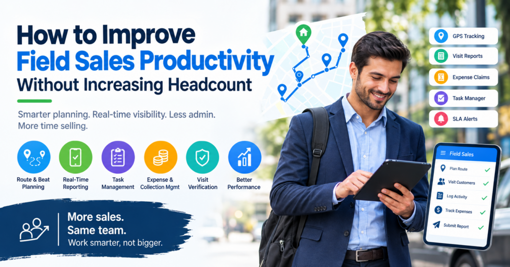 Field sales representative using a tablet with route planning, GPS tracking, task management, and real-time reporting tools to improve productivity without increasing headcount