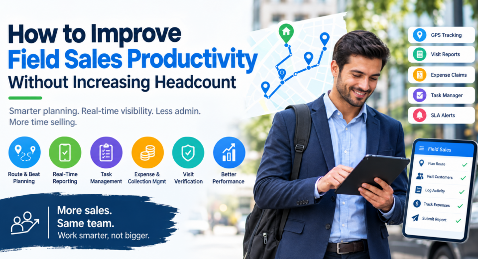 Field sales representative using a tablet with route planning, GPS tracking, task management, and real-time reporting tools to improve productivity without increasing headcount