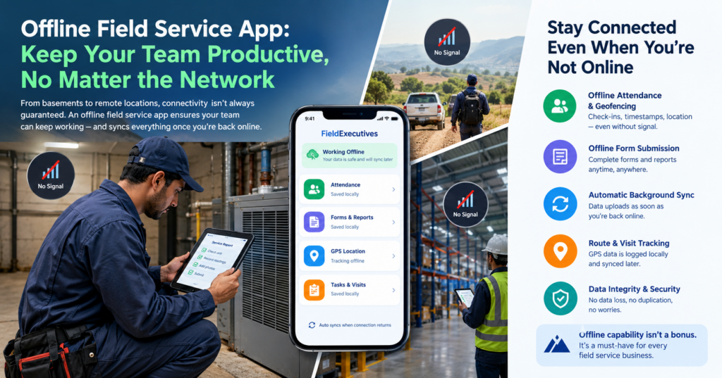 Offline field service app showing a technician working without network connectivity, with offline attendance, forms, GPS tracking, and automatic data synchronization features.
