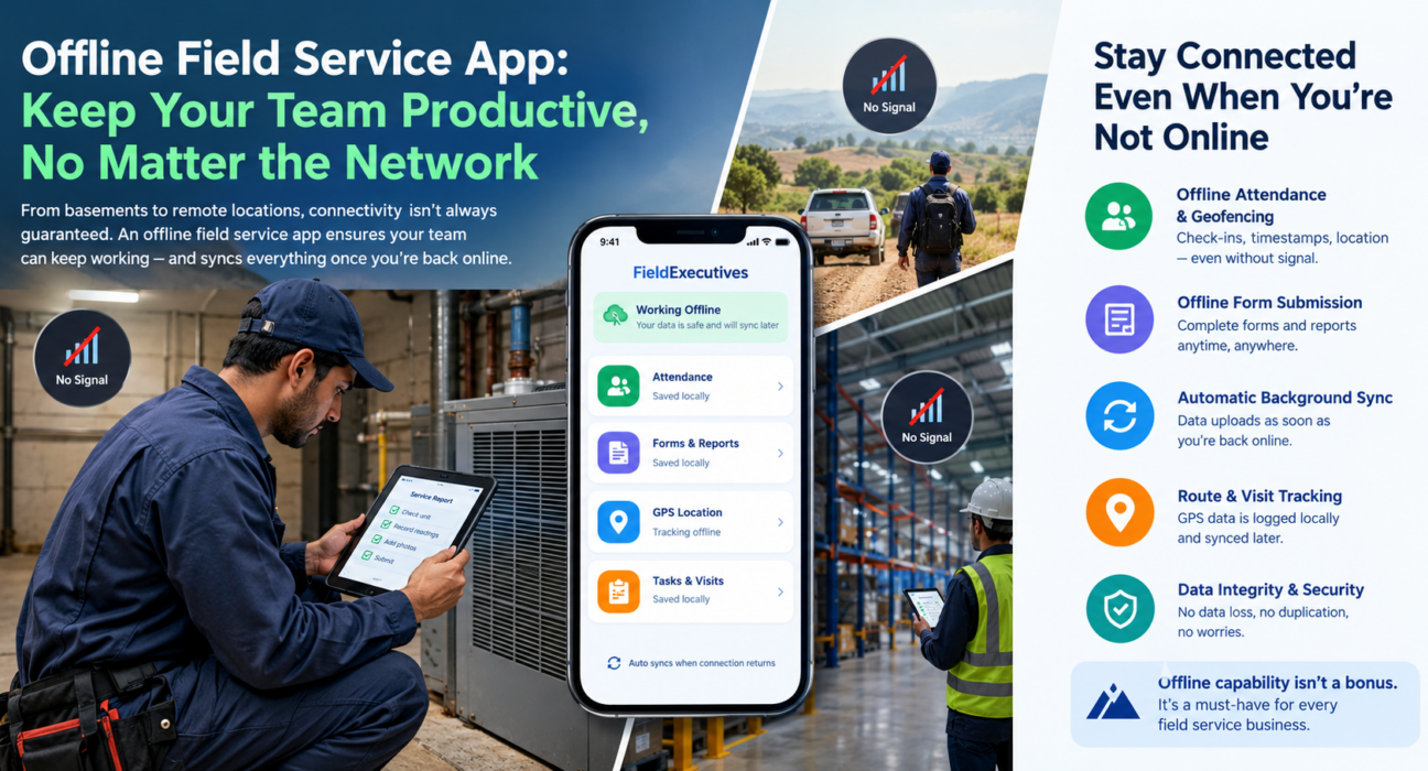 Offline field service app showing a technician working without network connectivity, with offline attendance, forms, GPS tracking, and automatic data synchronization features.