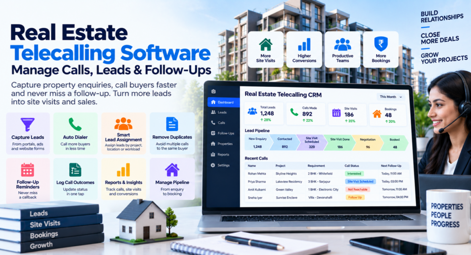 Real estate telecalling CRM dashboard showing property leads, calls, site visits, bookings, and follow-ups