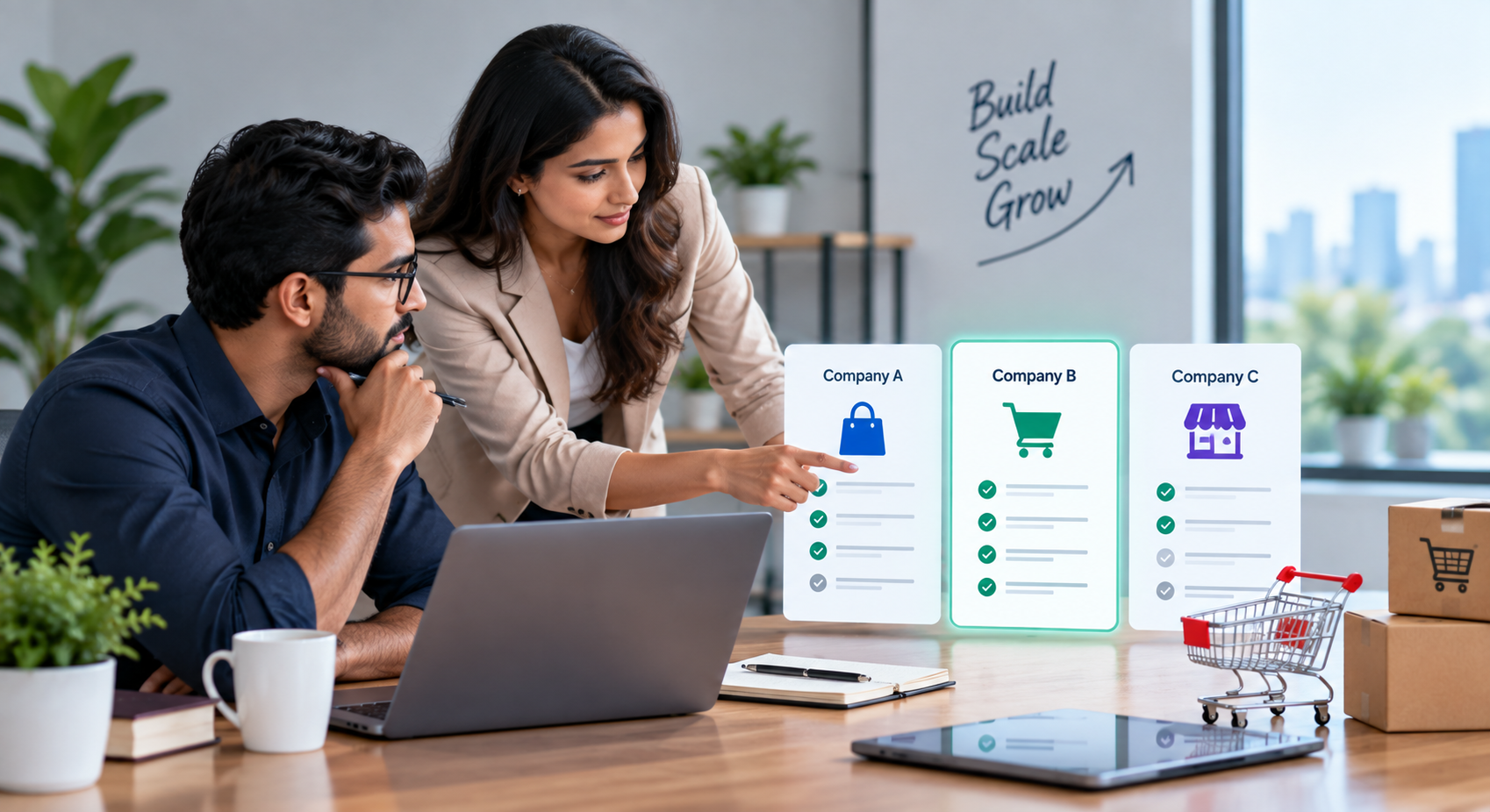 Business professionals comparing ecommerce development companies based on features, expertise, and suitability.
