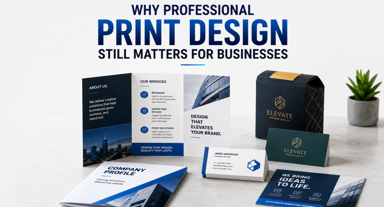 Professional print design featuring branded brochures, business cards, packaging, and marketing materials.