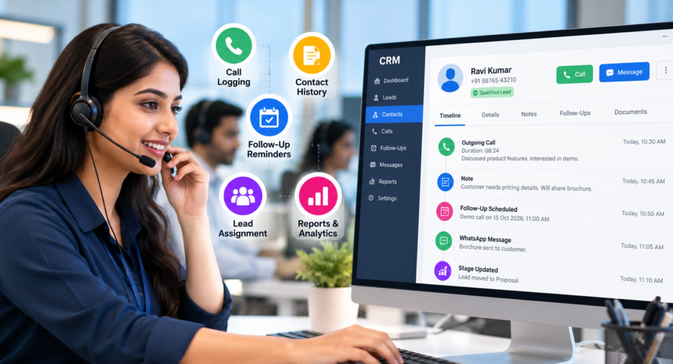 Customer call management software showing call logging, contact history, follow-up reminders, lead assignment, and reports and analytics on a CRM dashboard.