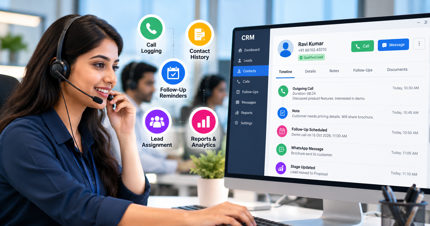 Customer call management software showing call logging, contact history, follow-up reminders, lead assignment, and reports and analytics on a CRM dashboard.