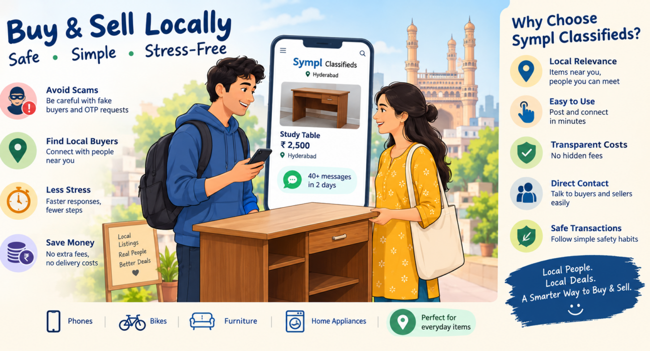 Buy and sell locally with Sympl Classifieds in Hyderabad, featuring safe transactions, local buyers, and affordable second-hand furniture.