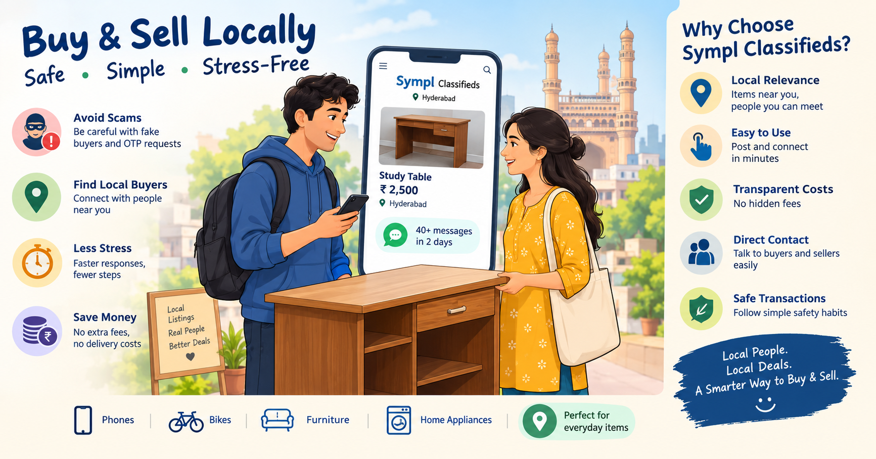 Buy and sell locally with Sympl Classifieds in Hyderabad, featuring safe transactions, local buyers, and affordable second-hand furniture.