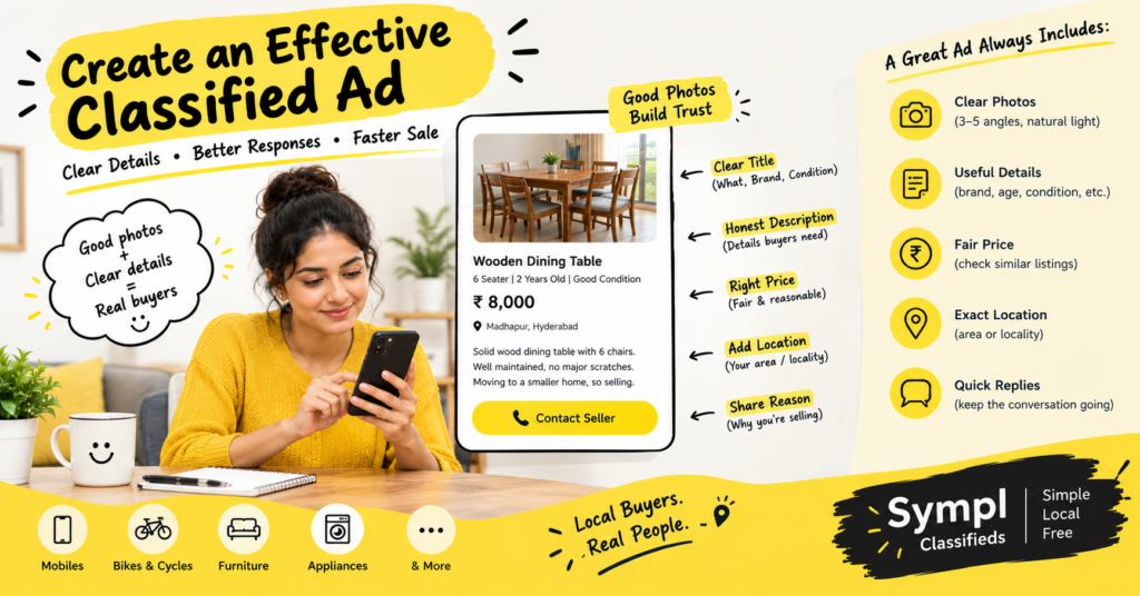 Tips for creating an effective classified ad with clear photos, accurate details, fair pricing and Sympl Classifieds.
