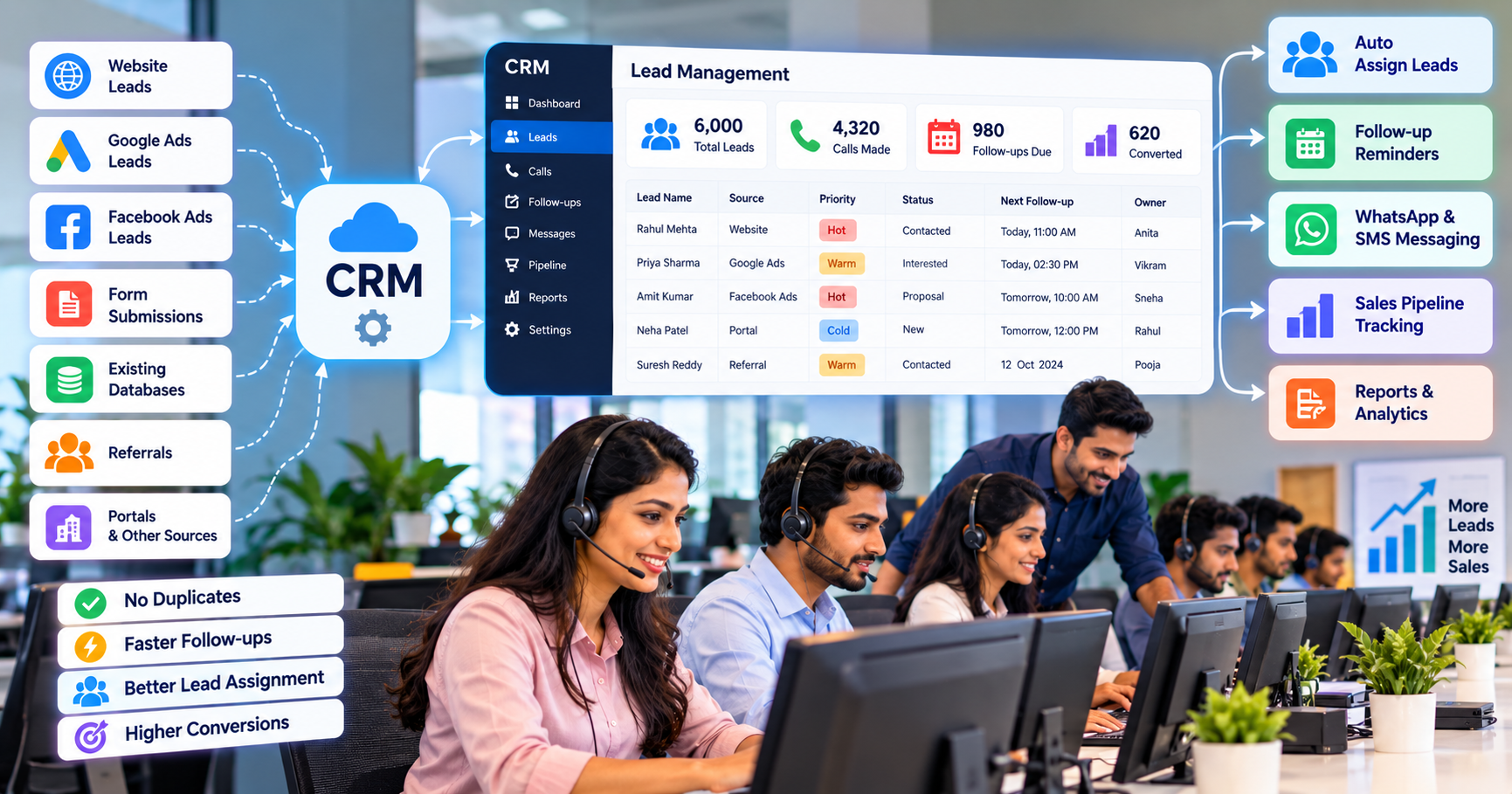 Lead management CRM dashboard showing thousands of leads, automated assignment, follow-up reminders, sales pipeline, and analytics