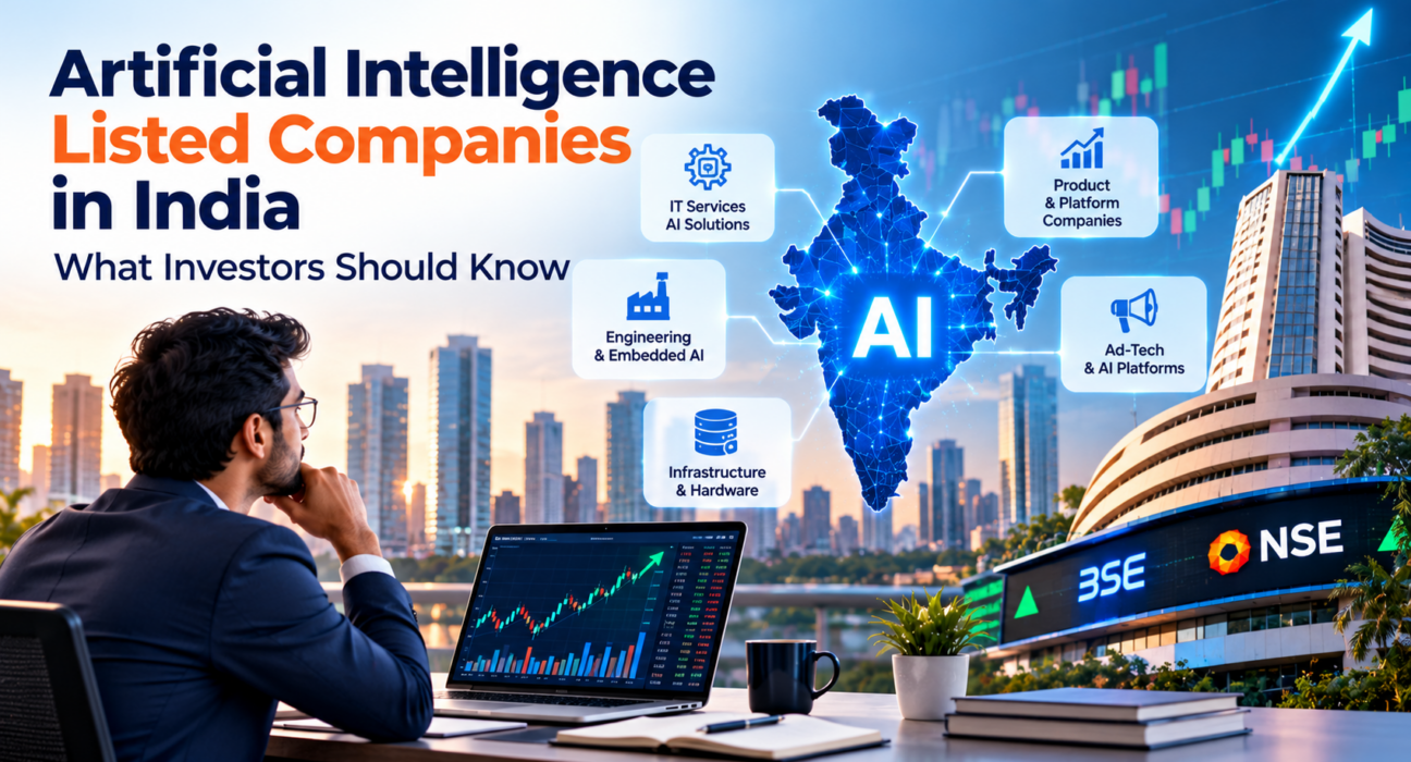Indian investor analyzing stock market charts and AI technology representing artificial intelligence listed companies in India.